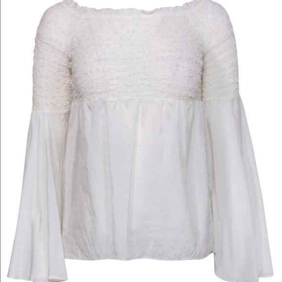 Bailey 44 White Chalk Smocked Flowy Sleeve "Shoot The Breeze" Silk Blouse Sz L - Picture 1 of 12